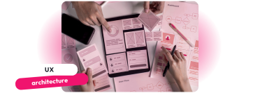 UX Architecture UX architecture sketches showing mobile app wireframes on sheets of paper, with layouts for user interface design