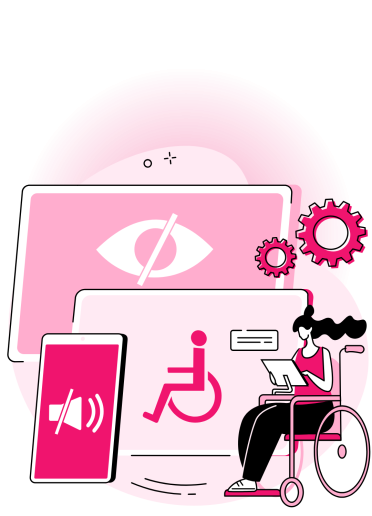 Empowering Accessibility Across Digital Platforms Illustration of digital accessibility, featuring a woman in a wheelchair using a tablet, with icons for vision, hearing, and mobility impairments