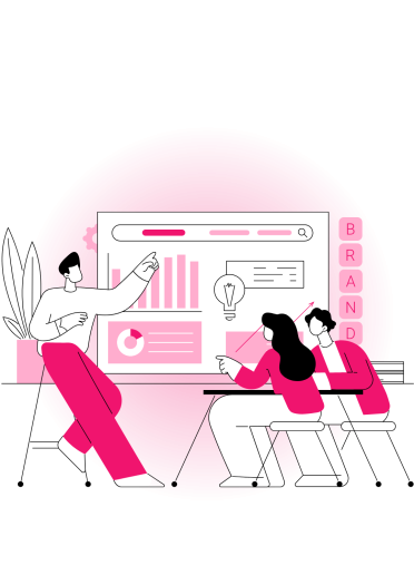 Team Collaboration on Brand Strategy and Innovation Illustration of a team discussing branding strategy with charts, graphs, and a lightbulb idea icon on a large screen